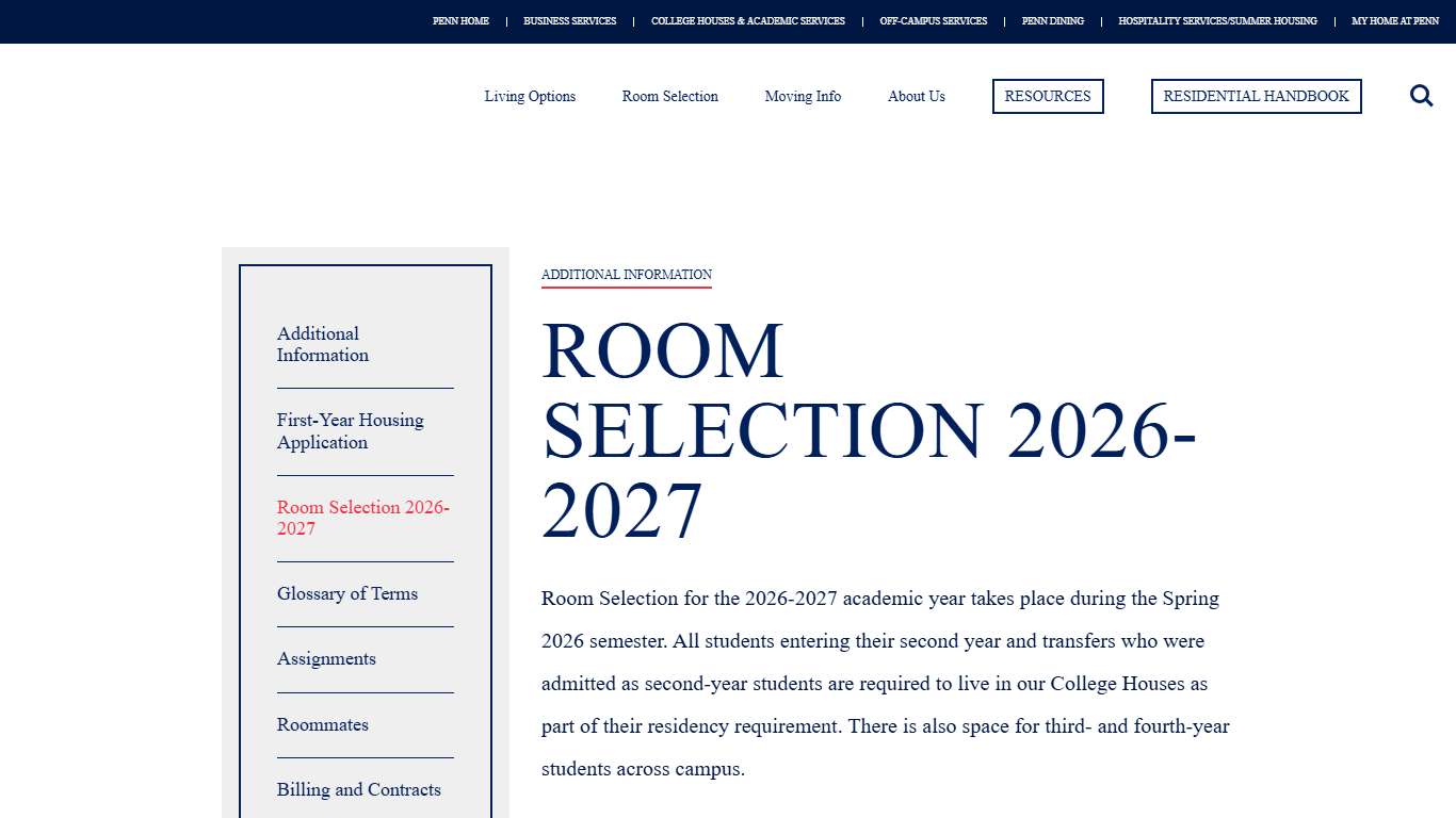 Room Selection 2026-2027 | Penn Residential Services